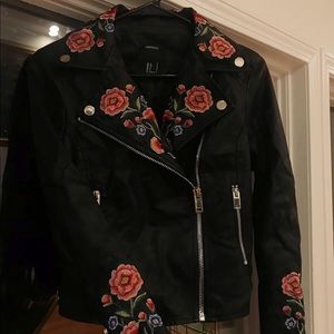 Embroidered Faux Leather Moto Jacket